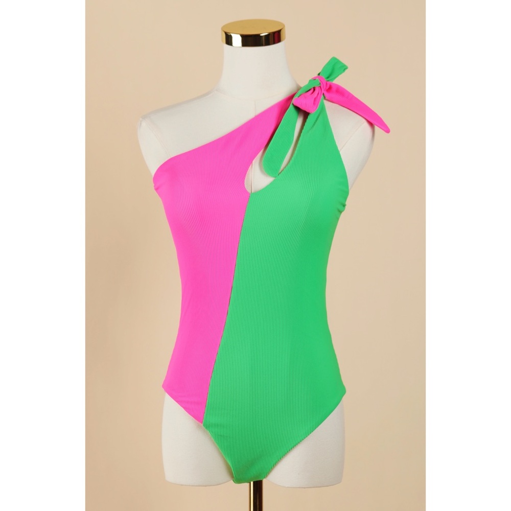 Sz M Beach Riot Nia One Piece Asymmetrical Fruity Neon Colorblock Swimsuit NWT